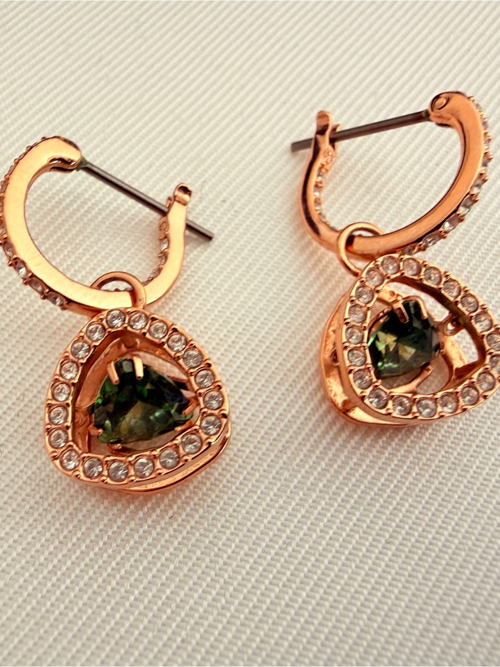Swarovski Rose Gold Drop Earrings with Green Center and Clear Crystals